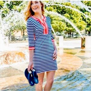 GRETCHEN SCOTT Hinckley Navy, White, Orange Jersey Tunic Dress, size Medium